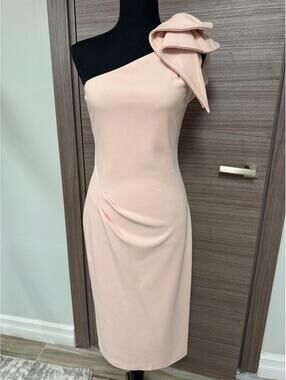 Betsy & Adam Blush One Shoulder Midi Dress Size 6 Ruffle Sheath Cocktail Formal